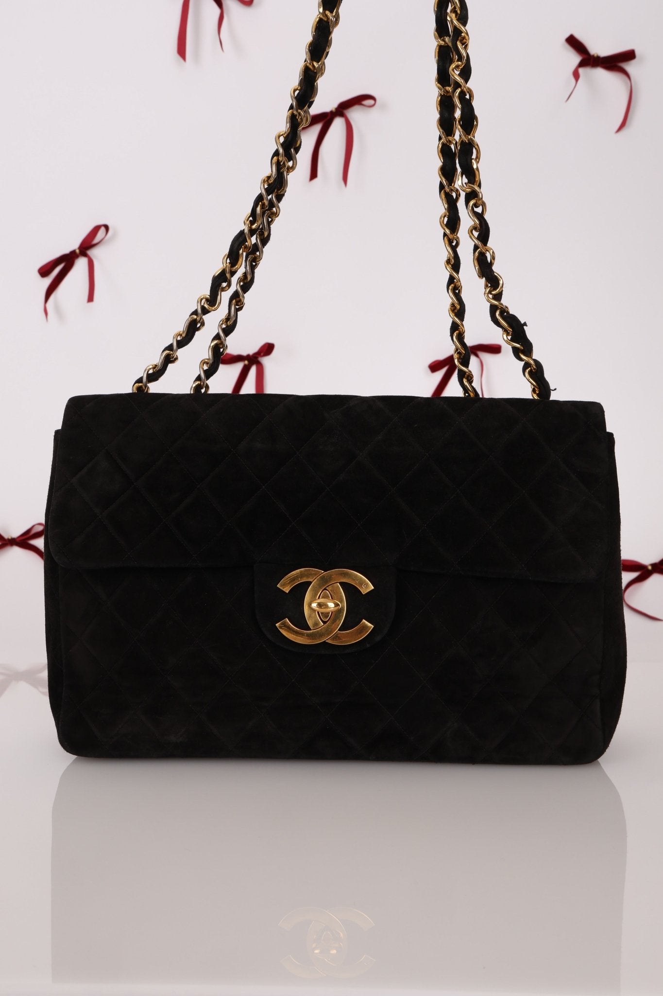 Chanel 1991 Black Suede XL Turnlock Jumbo Classic Flap 24K GP - FashioNica