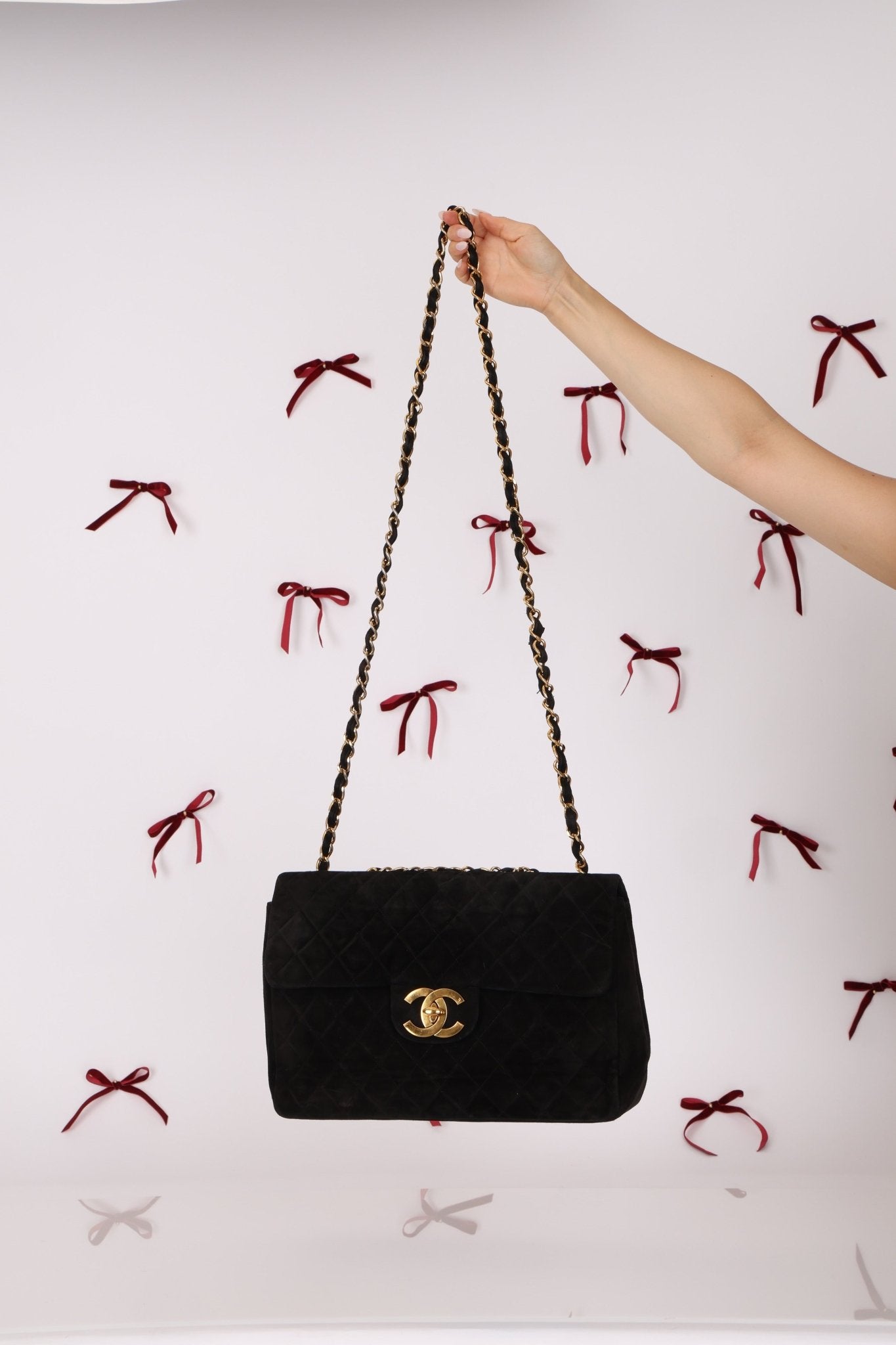 Chanel 1991 Black Suede XL Turnlock Jumbo Classic Flap 24K GP - FashioNica