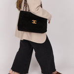 Chanel 1991 Black Suede XL Turnlock Jumbo Classic Flap 24K GP - FashioNica