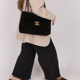 Chanel 1991 Black Suede XL Turnlock Jumbo Classic Flap 24K GP - FashioNica