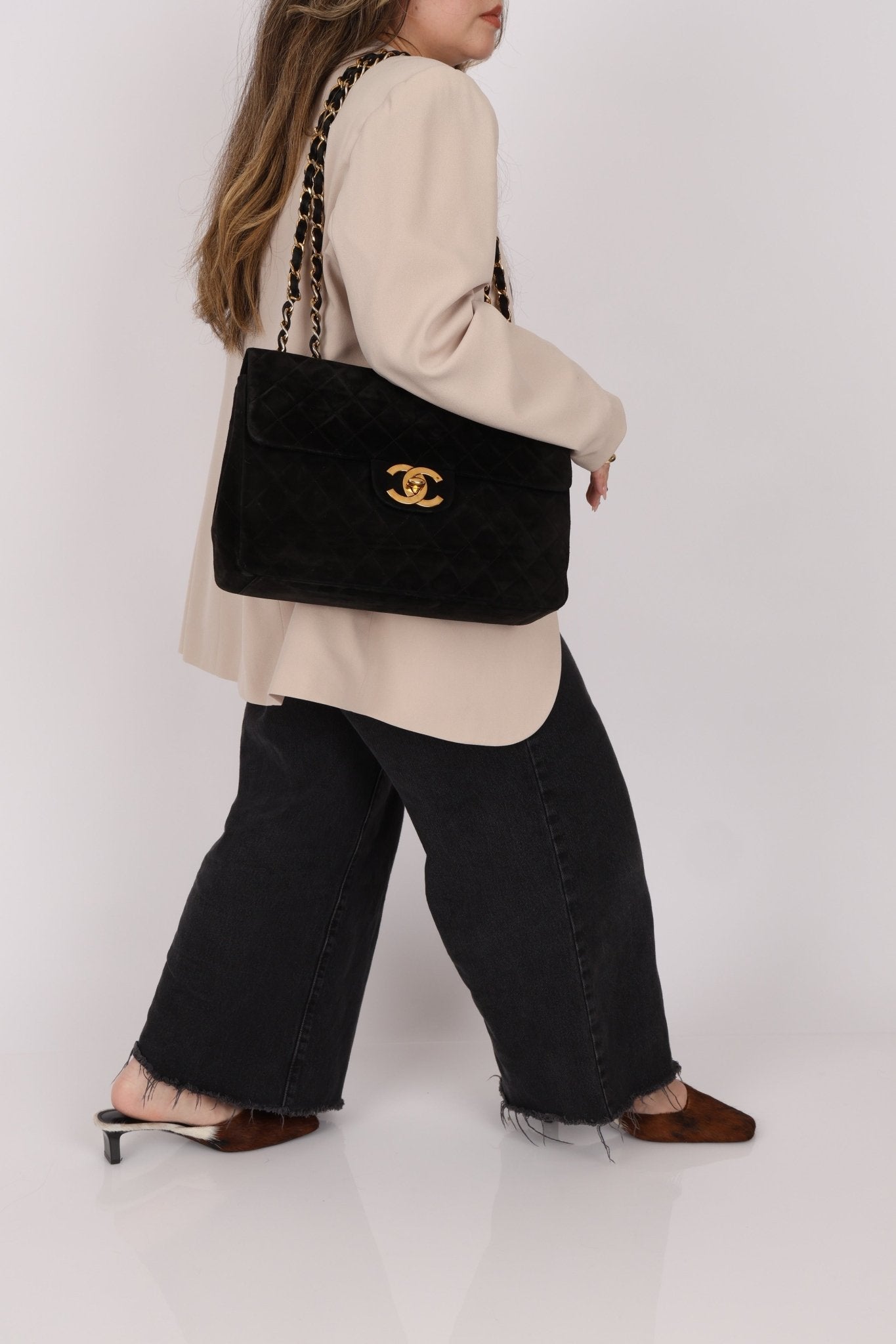 Chanel 1991 Black Suede XL Turnlock Jumbo Classic Flap 24K GP - FashioNica