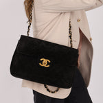 Chanel 1991 Black Suede XL Turnlock Jumbo Classic Flap 24K GP - FashioNica