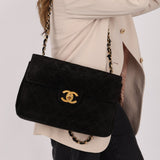 Chanel 1991 Black Suede XL Turnlock Jumbo Classic Flap 24K GP - FashioNica
