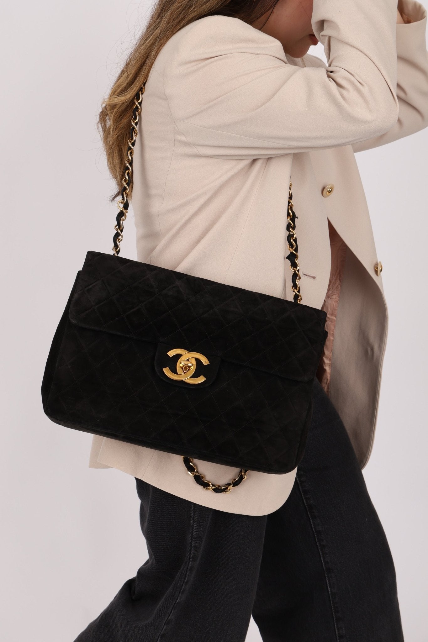 Chanel 1991 Black Suede XL Turnlock Jumbo Classic Flap 24K GP - FashioNica