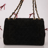 Chanel 1991 Black Suede XL Turnlock Jumbo Classic Flap 24K GP - FashioNica