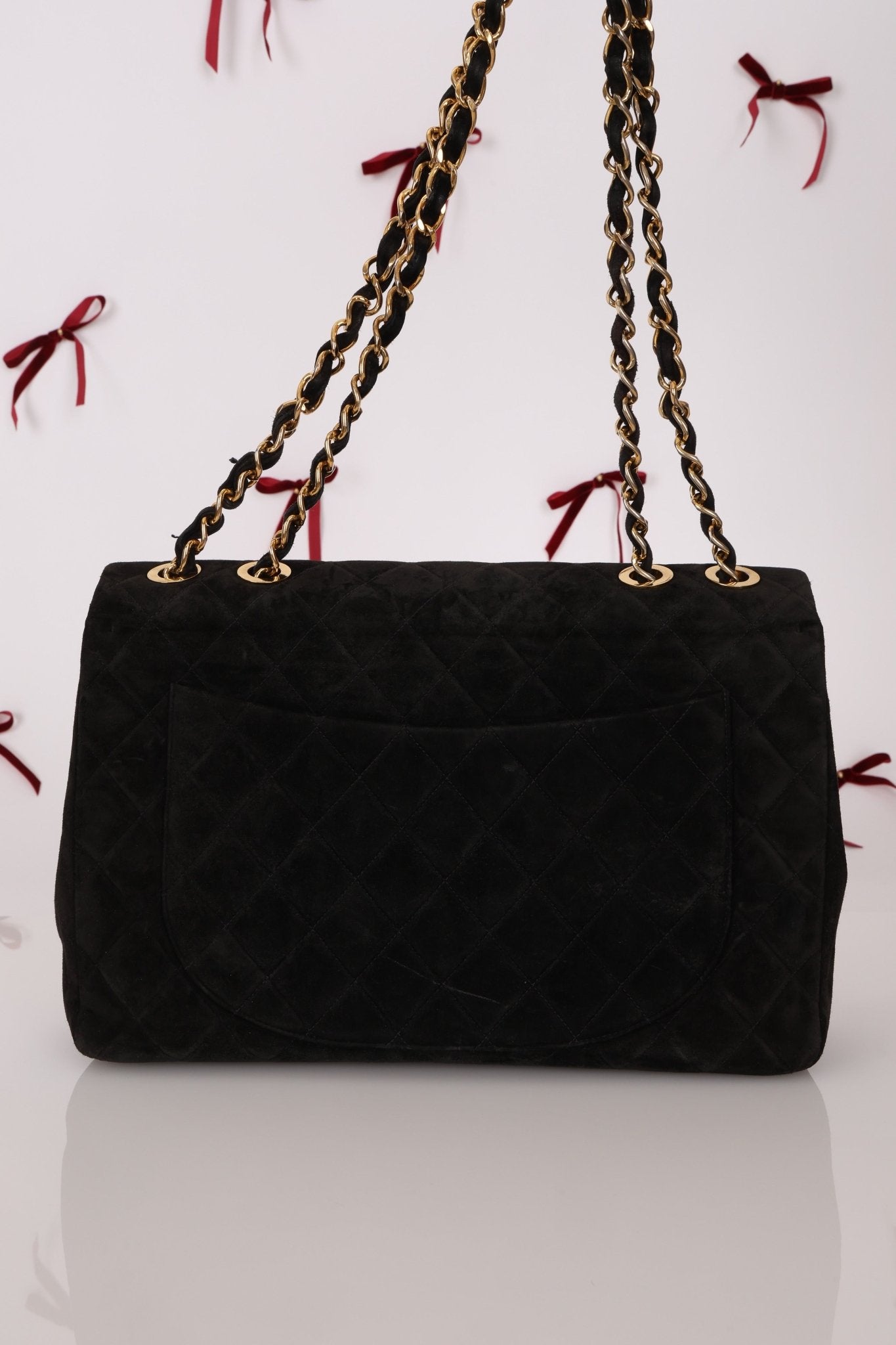Chanel 1991 Black Suede XL Turnlock Jumbo Classic Flap 24K GP - FashioNica