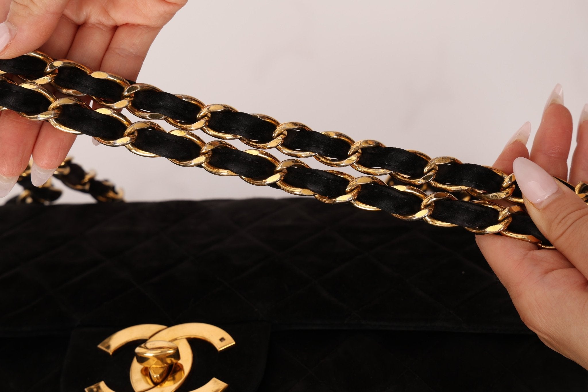Chanel 1991 Black Suede XL Turnlock Jumbo Classic Flap 24K GP - FashioNica