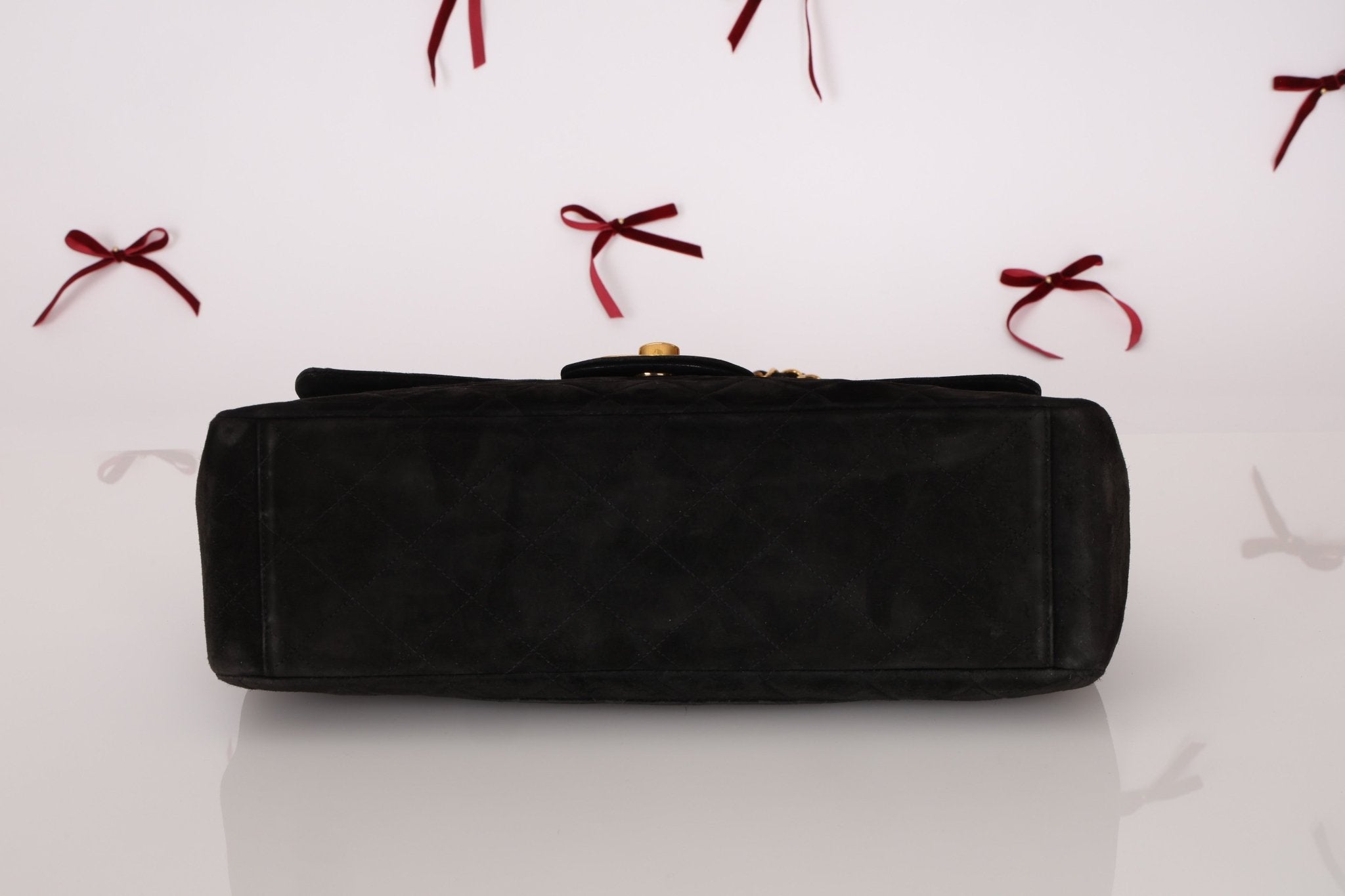 Chanel 1991 Black Suede XL Turnlock Jumbo Classic Flap 24K GP - FashioNica