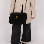 Chanel 1991 Black Suede XL Turnlock Jumbo Classic Flap 24K GP - FashioNica