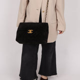Chanel 1991 Black Suede XL Turnlock Jumbo Classic Flap 24K GP - FashioNica