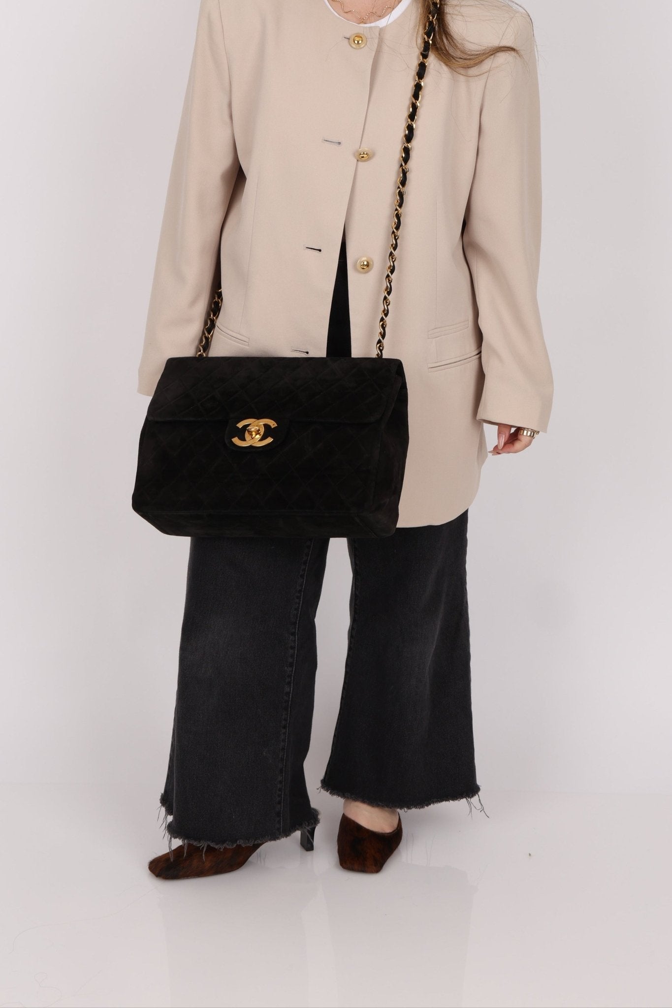 Chanel 1991 Black Suede XL Turnlock Jumbo Classic Flap 24K GP - FashioNica