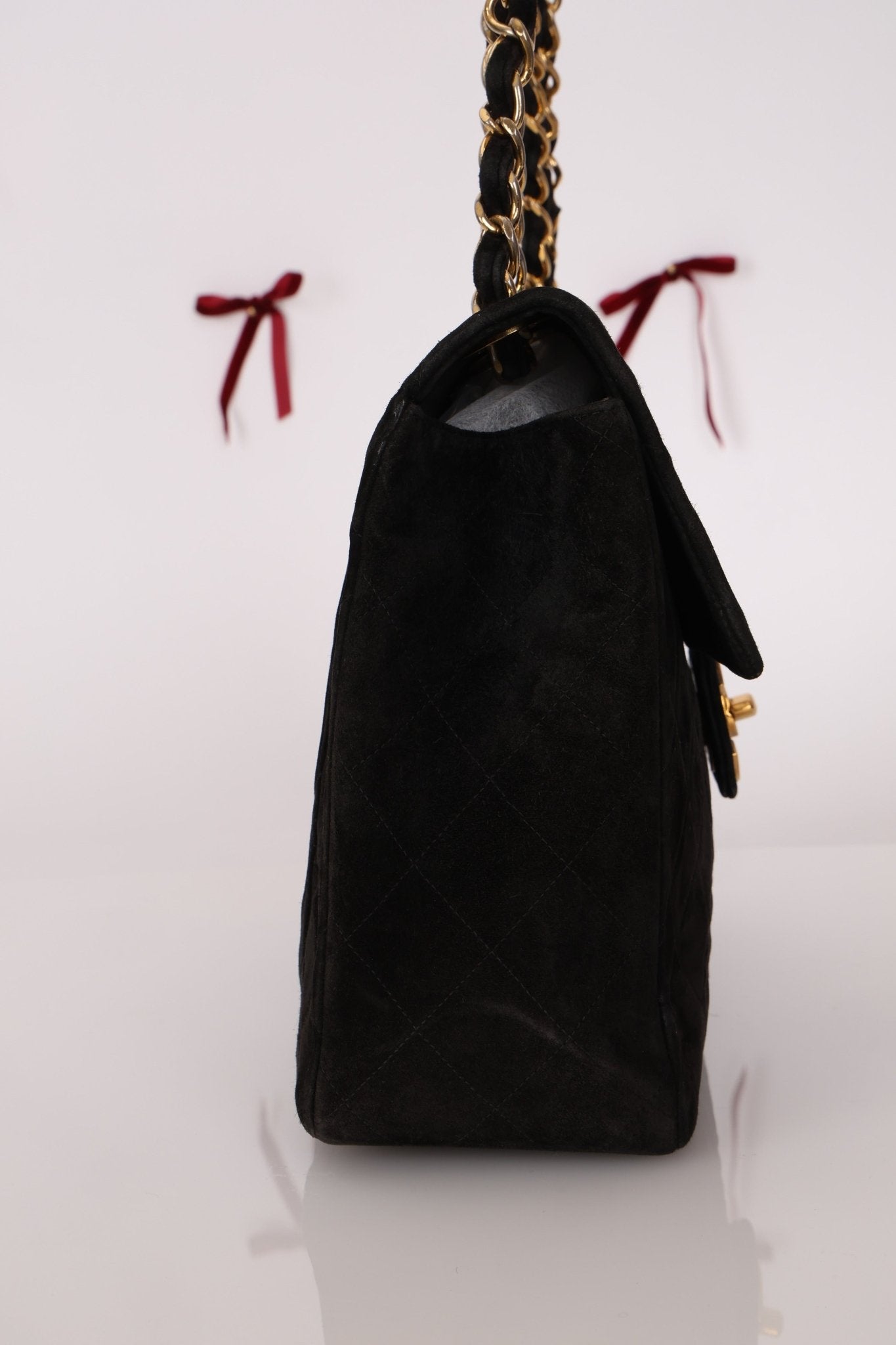 Chanel 1991 Black Suede XL Turnlock Jumbo Classic Flap 24K GP - FashioNica