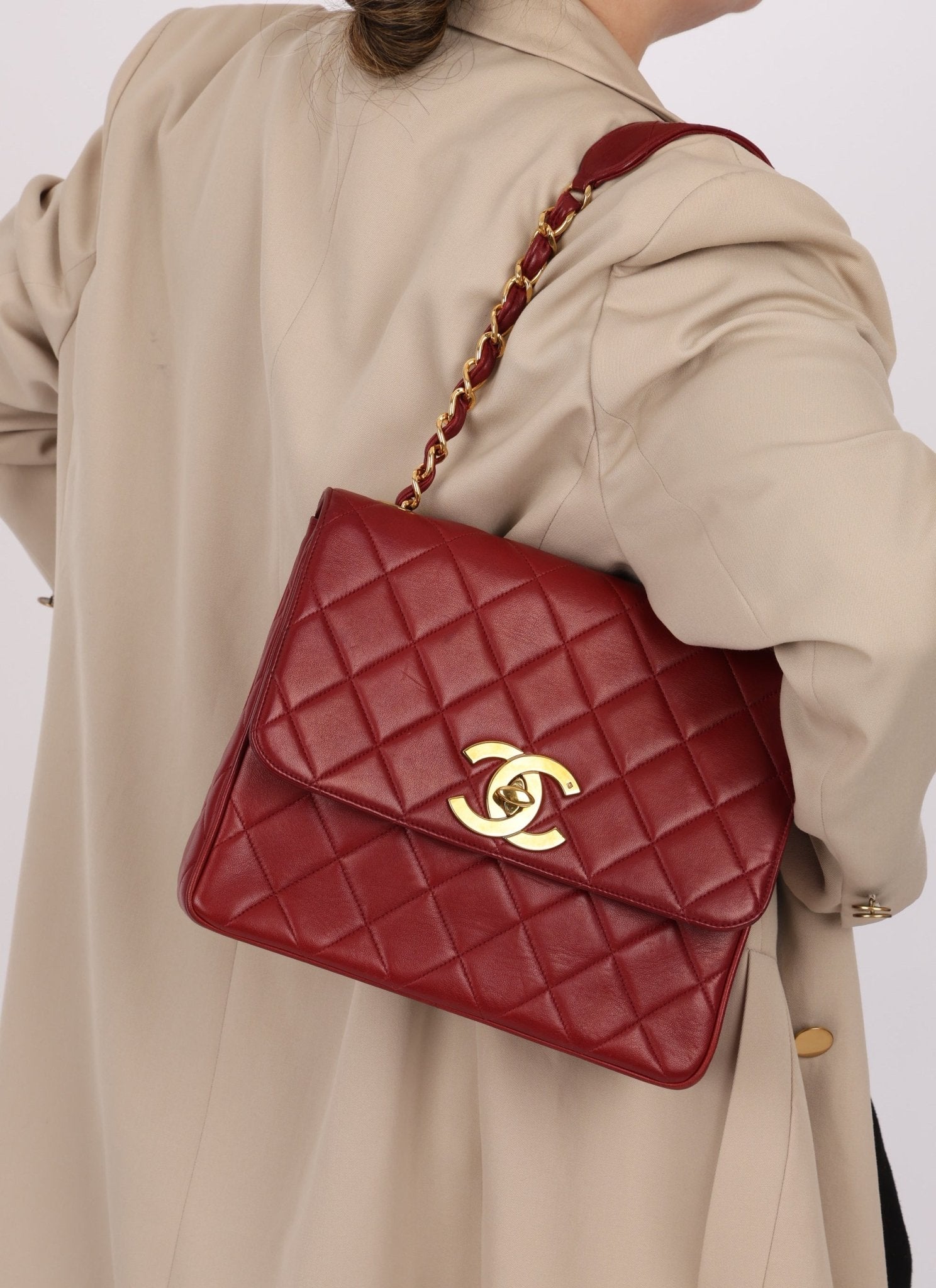 Chanel 1991 Bordeaux Lambskin XL Logo Turnlock Square Flap - FashioNica