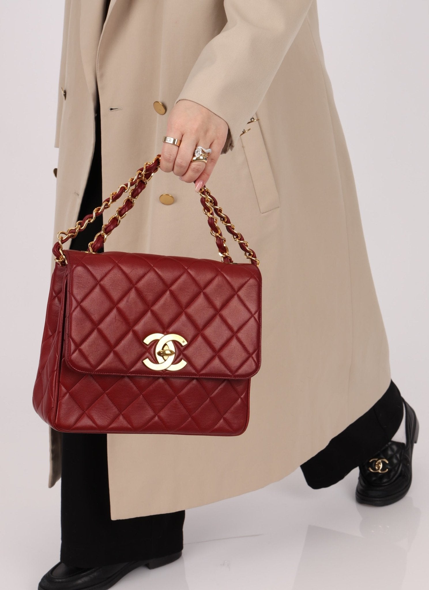 Chanel 1991 Bordeaux Lambskin XL Logo Turnlock Square Flap - FashioNica