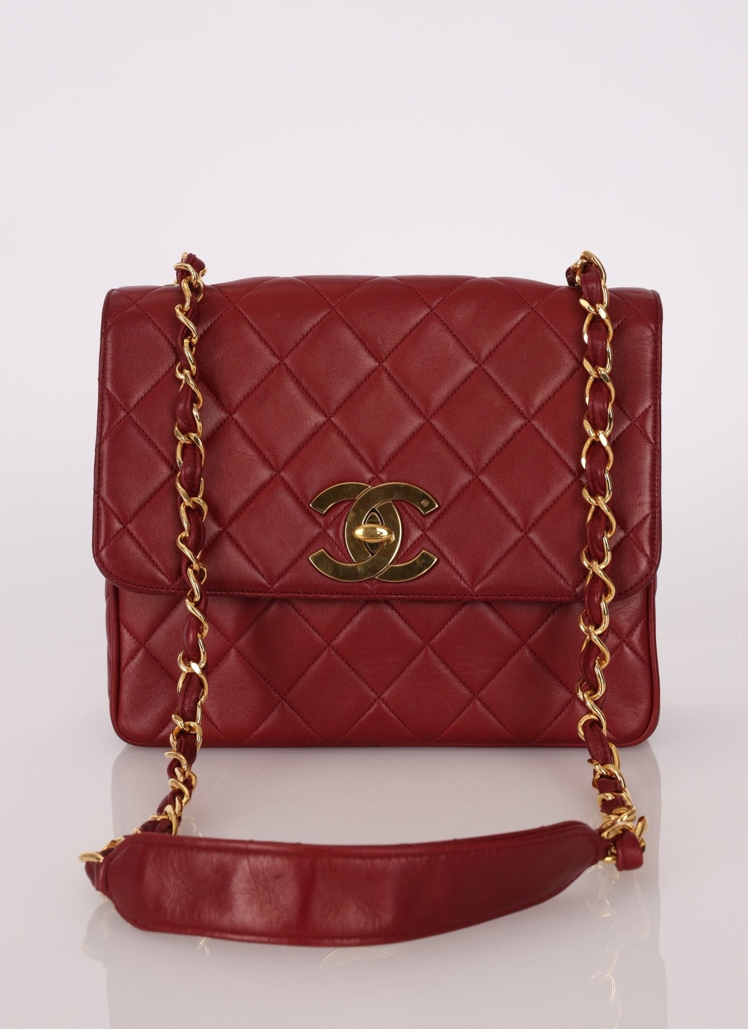 Chanel 1991 Bordeaux Lambskin XL Logo Turnlock Square Flap - FashioNica