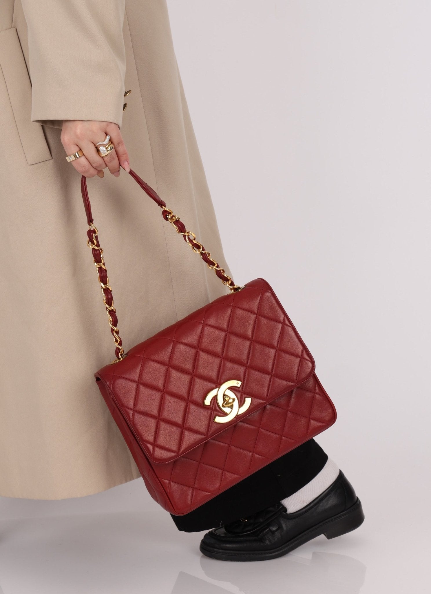 Chanel 1991 Bordeaux Lambskin XL Logo Turnlock Square Flap - FashioNica