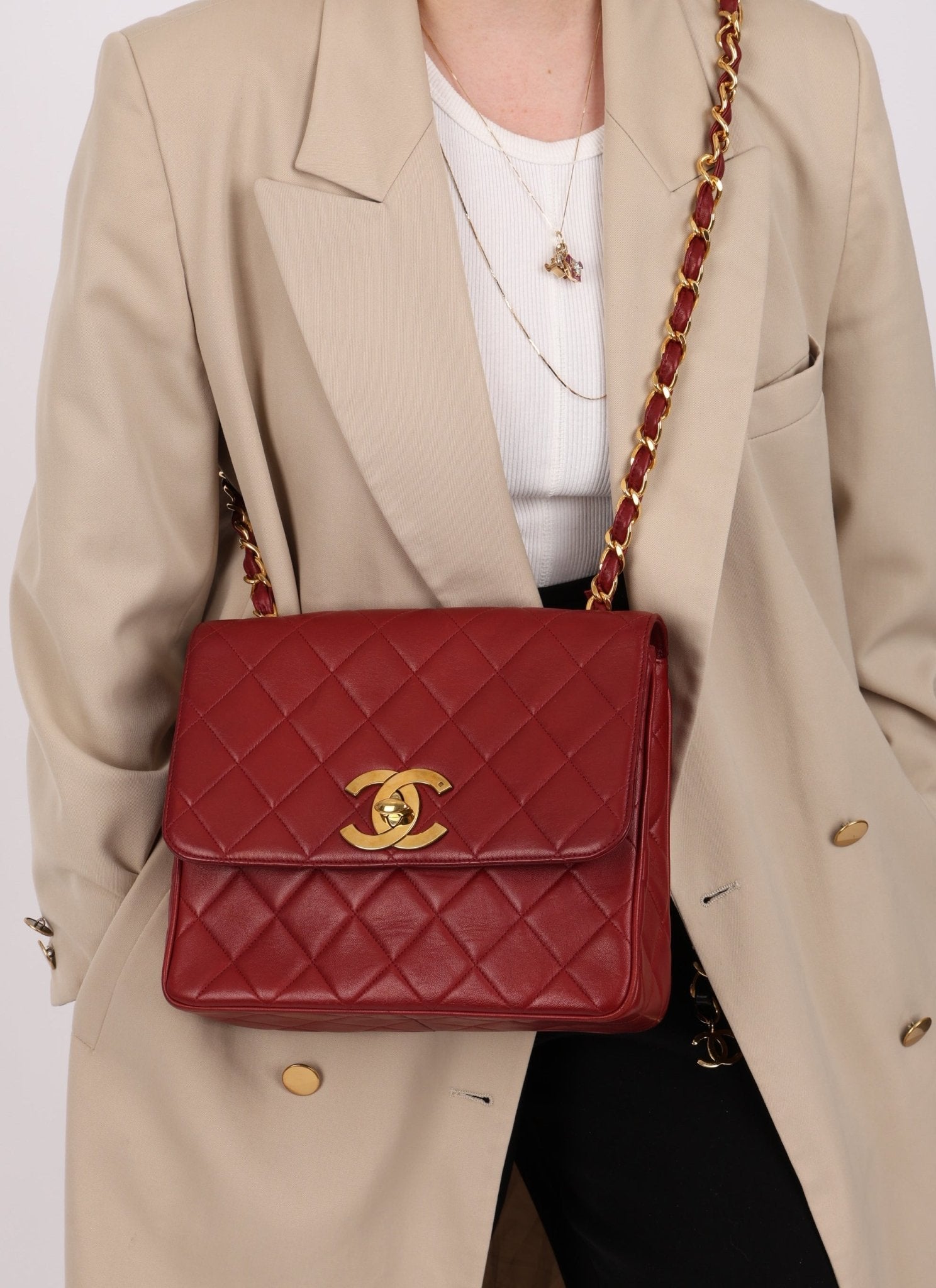 Chanel 1991 Bordeaux Lambskin XL Logo Turnlock Square Flap - FashioNica