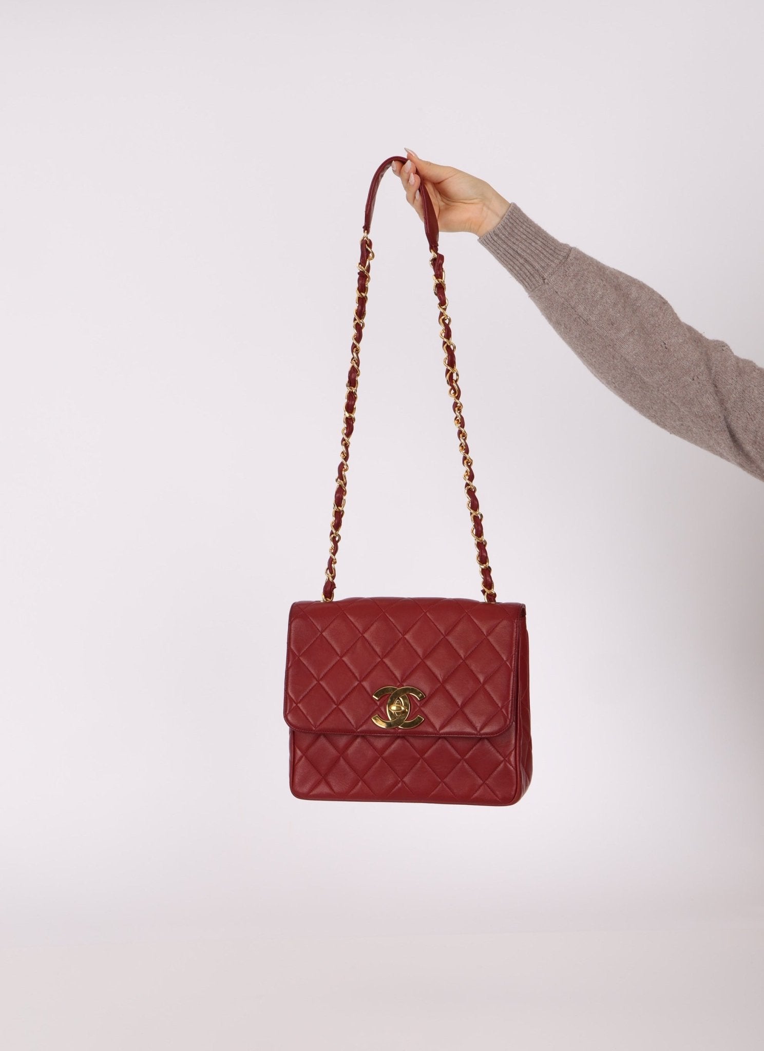 Chanel 1991 Bordeaux Lambskin XL Logo Turnlock Square Flap - FashioNica