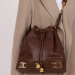 Chanel 1991 Vintage Chocolate Caviar Triple CC Bucket Bag w/ Pouch - FashioNica