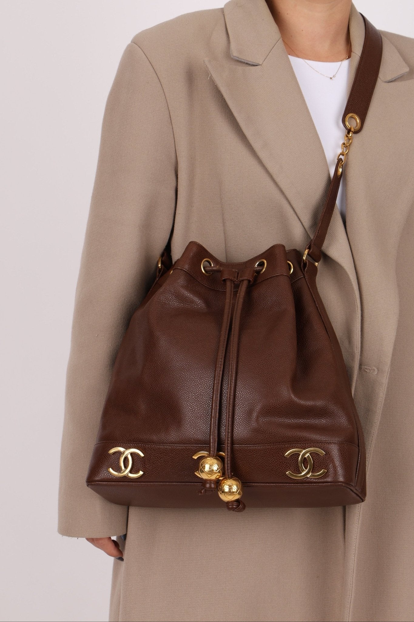Chanel 1991 Vintage Chocolate Caviar Triple CC Bucket Bag w/ Pouch - FashioNica