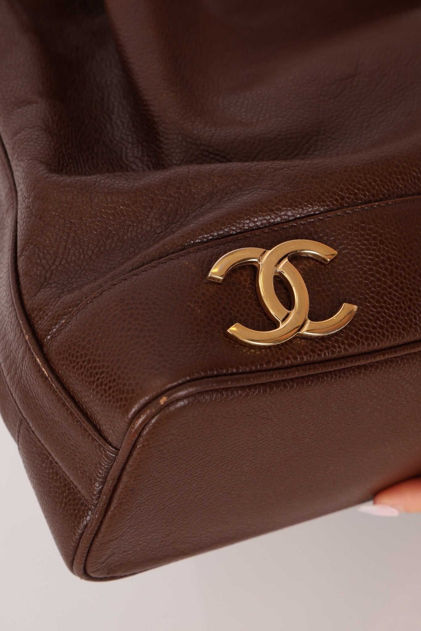 Chanel 1991 Vintage Chocolate Caviar Triple CC Bucket Bag w/ Pouch - FashioNica