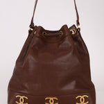 Chanel 1991 Vintage Chocolate Caviar Triple CC Bucket Bag w/ Pouch - FashioNica