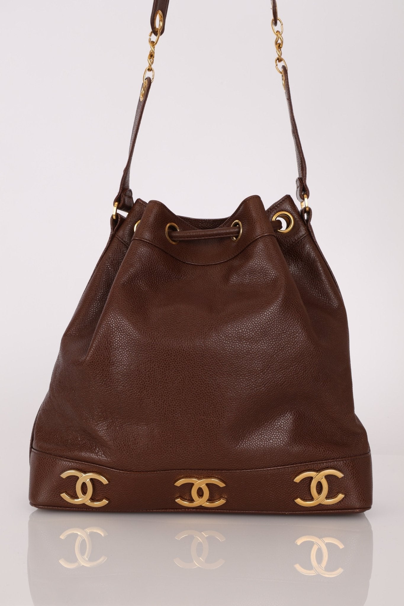 Chanel 1991 Vintage Chocolate Caviar Triple CC Bucket Bag w/ Pouch - FashioNica