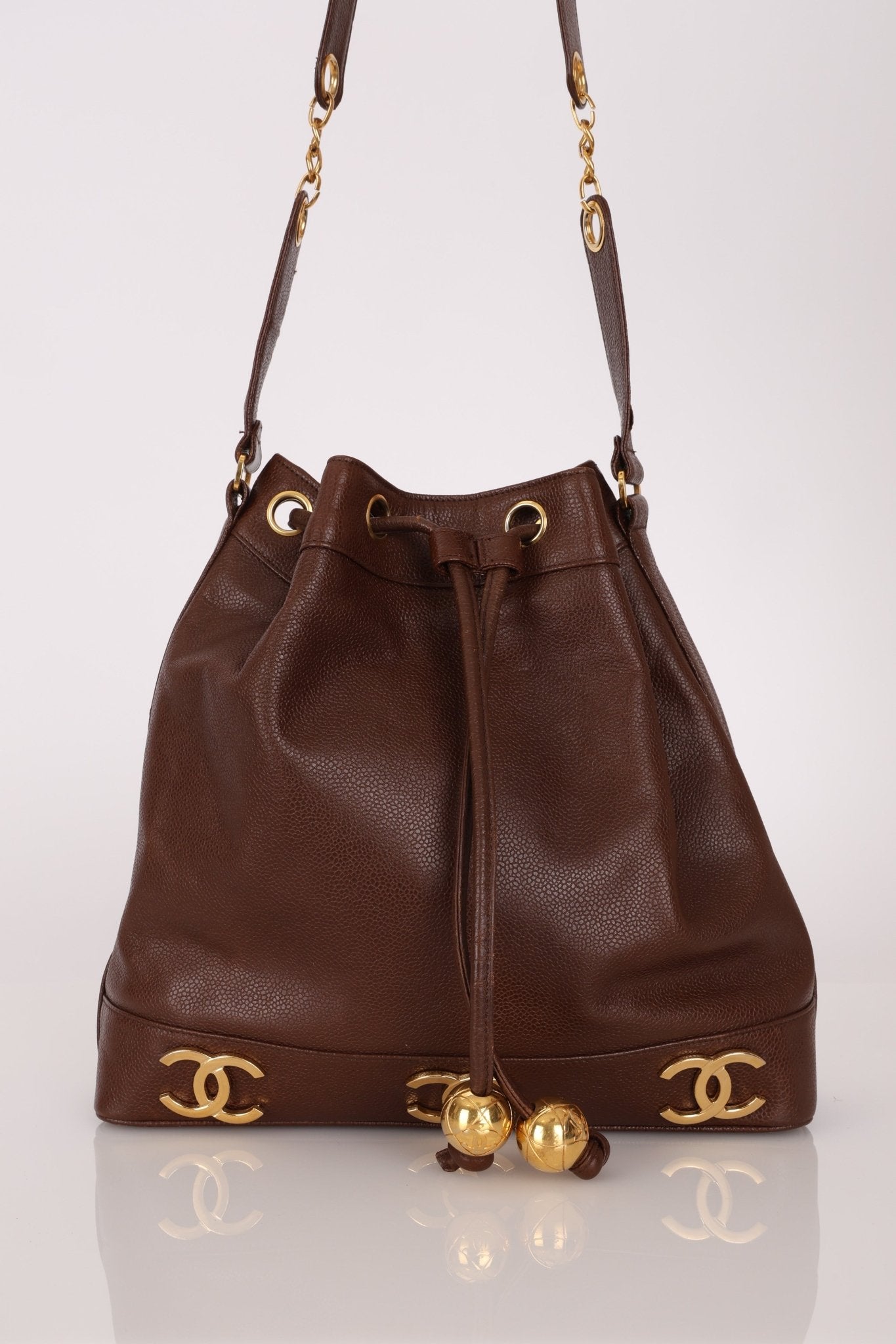Chanel 1991 Vintage Chocolate Caviar Triple CC Bucket Bag w/ Pouch - FashioNica