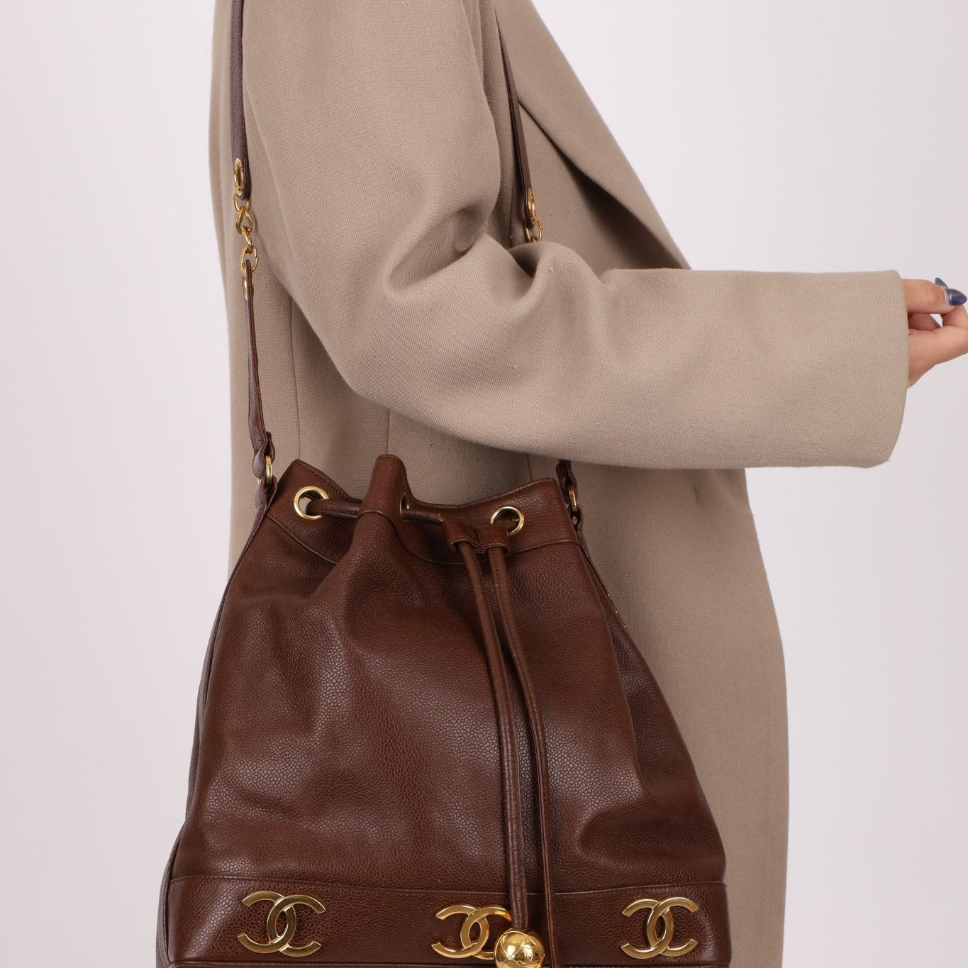 Chanel 1991 Vintage Chocolate Caviar Triple CC Bucket Bag w/ Pouch - FashioNica
