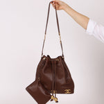 Chanel 1991 Vintage Chocolate Caviar Triple CC Bucket Bag w/ Pouch - FashioNica