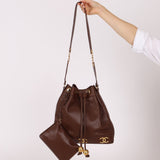 Chanel 1991 Vintage Chocolate Caviar Triple CC Bucket Bag w/ Pouch - FashioNica