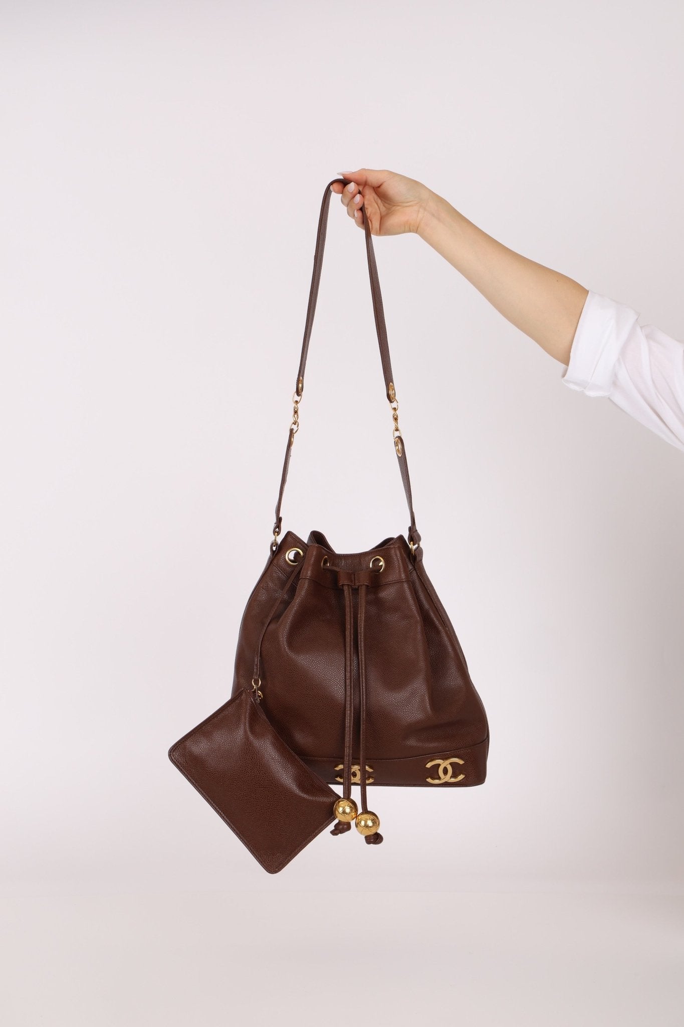 Chanel 1991 Vintage Chocolate Caviar Triple CC Bucket Bag w/ Pouch - FashioNica