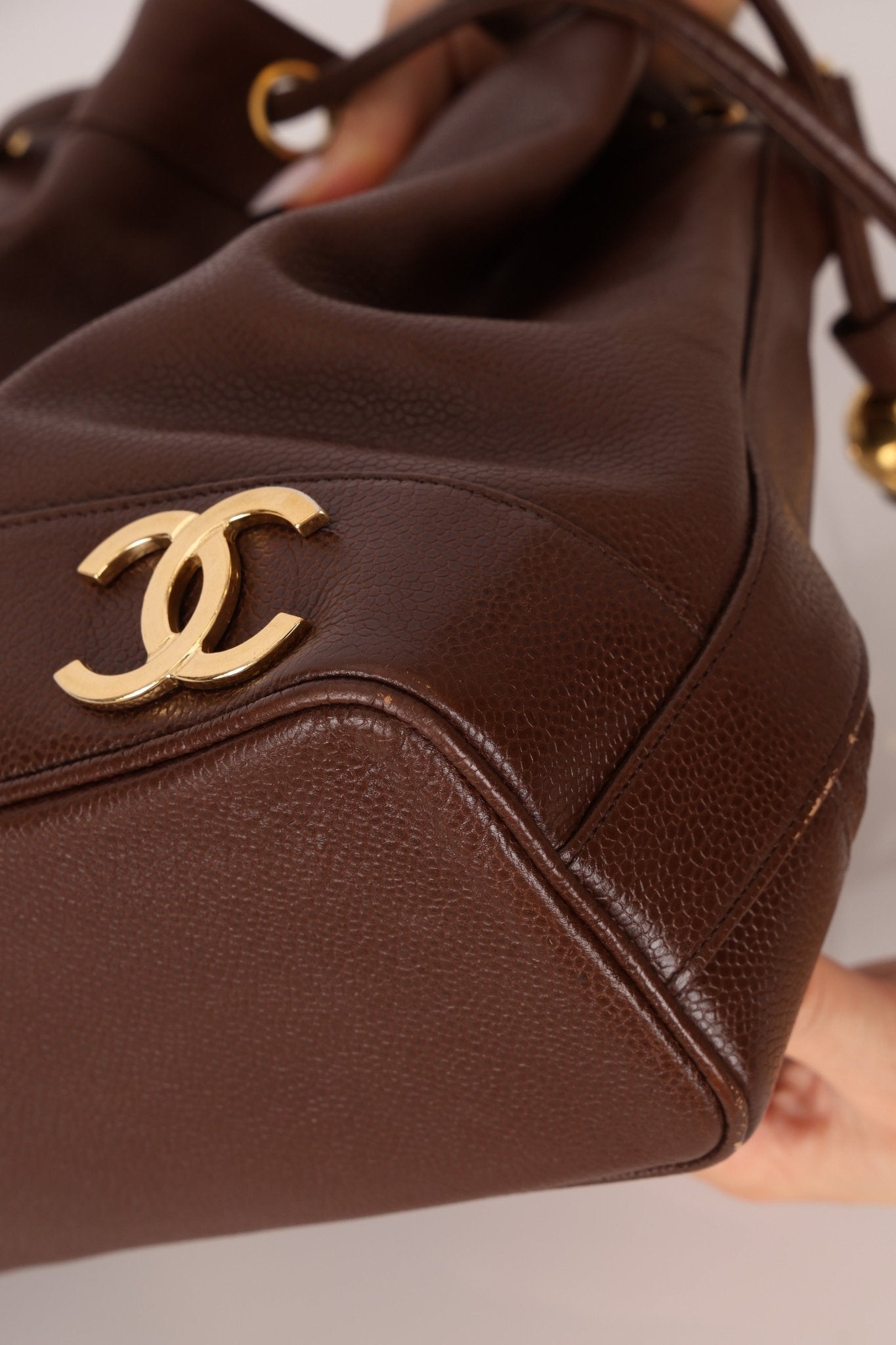 Chanel 1991 Vintage Chocolate Caviar Triple CC Bucket Bag w/ Pouch - FashioNica