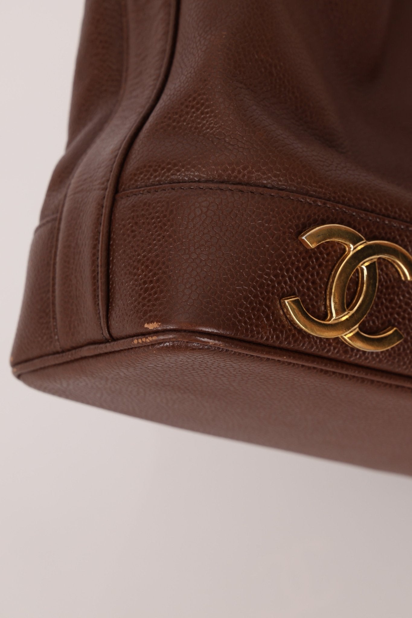 Chanel 1991 Vintage Chocolate Caviar Triple CC Bucket Bag w/ Pouch - FashioNica