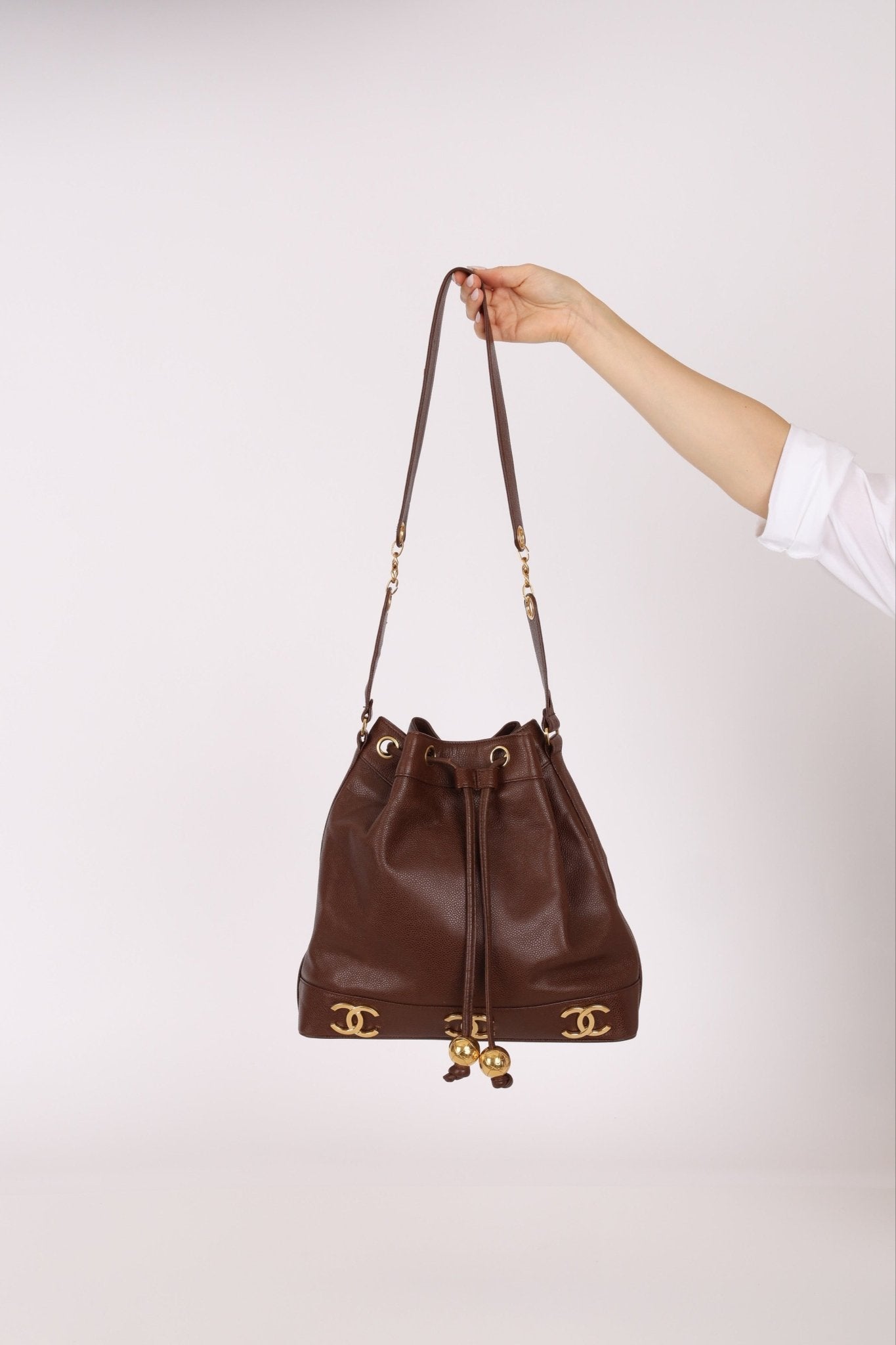 Chanel 1991 Vintage Chocolate Caviar Triple CC Bucket Bag w/ Pouch - FashioNica