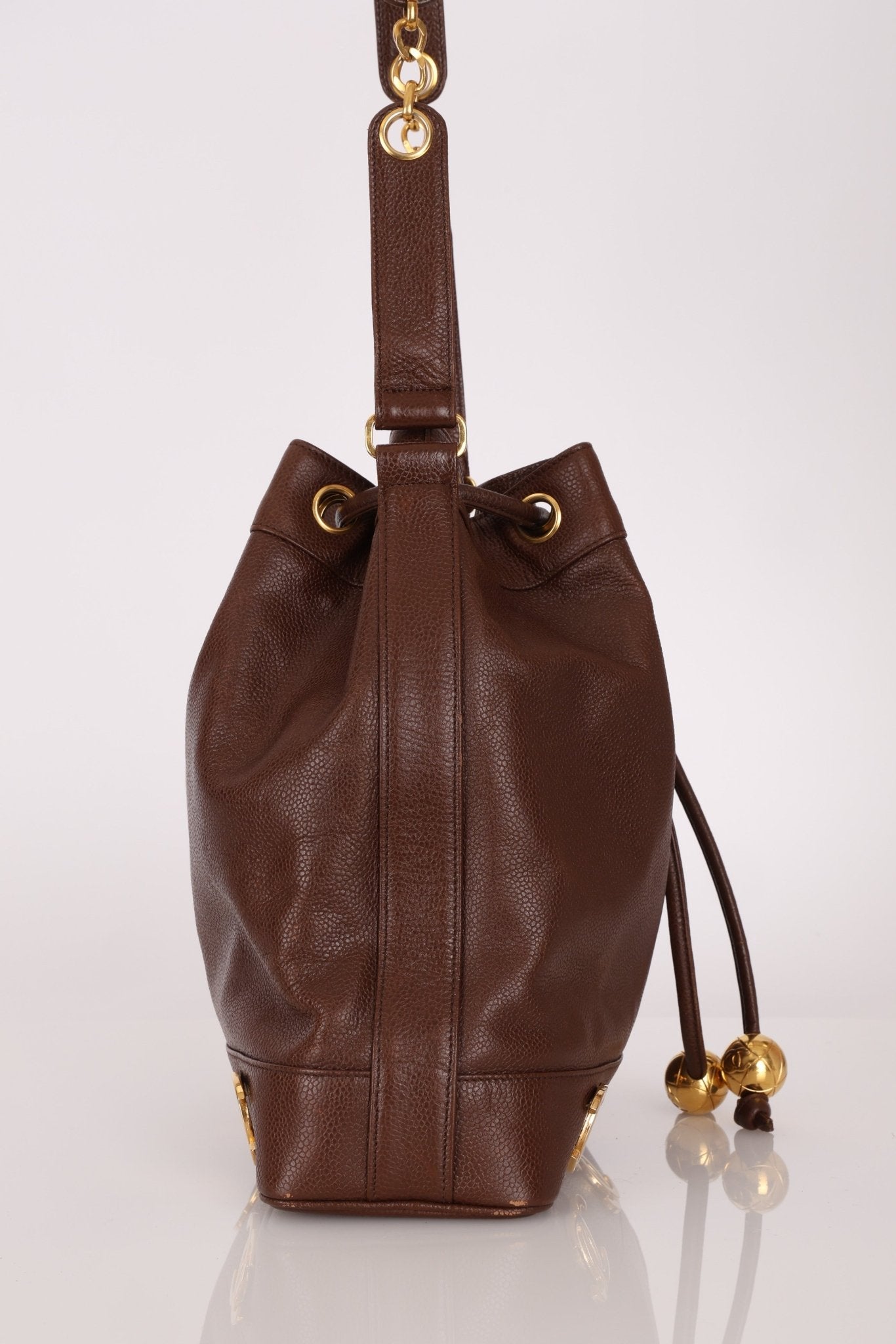 Chanel 1991 Vintage Chocolate Caviar Triple CC Bucket Bag w/ Pouch - FashioNica