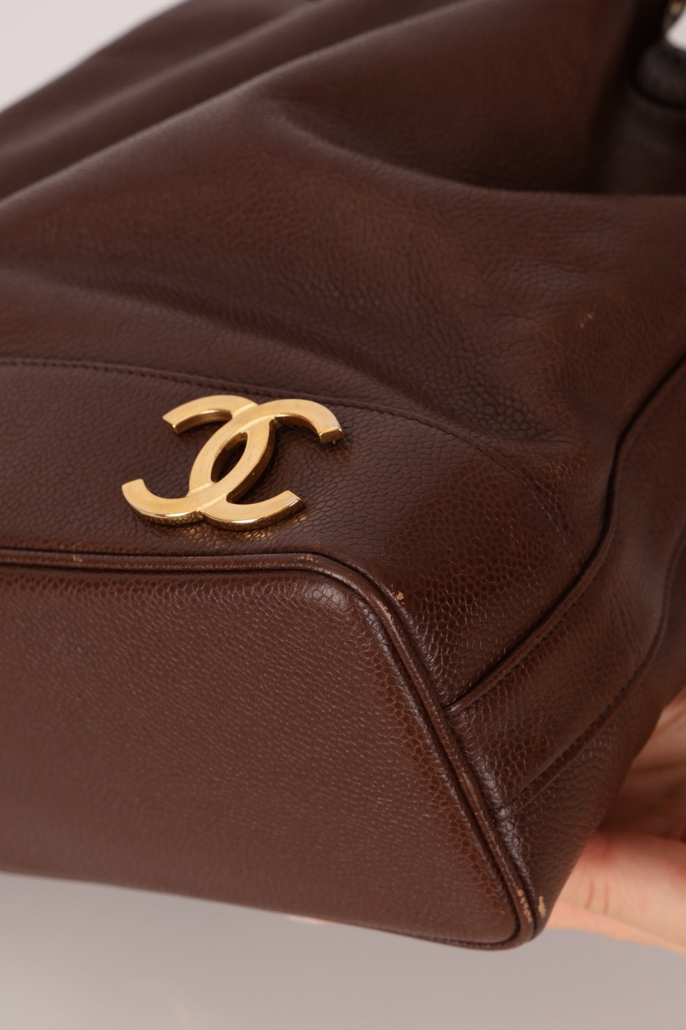 Chanel 1991 Vintage Chocolate Caviar Triple CC Bucket Bag w/ Pouch - FashioNica