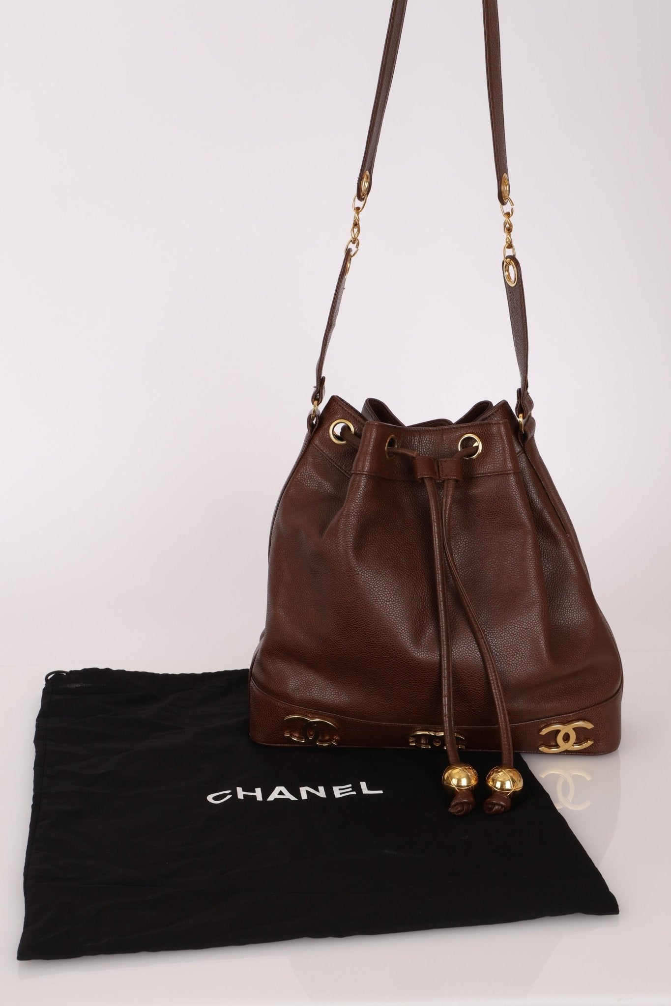 Chanel 1991 Vintage Chocolate Caviar Triple CC Bucket Bag w/ Pouch - FashioNica
