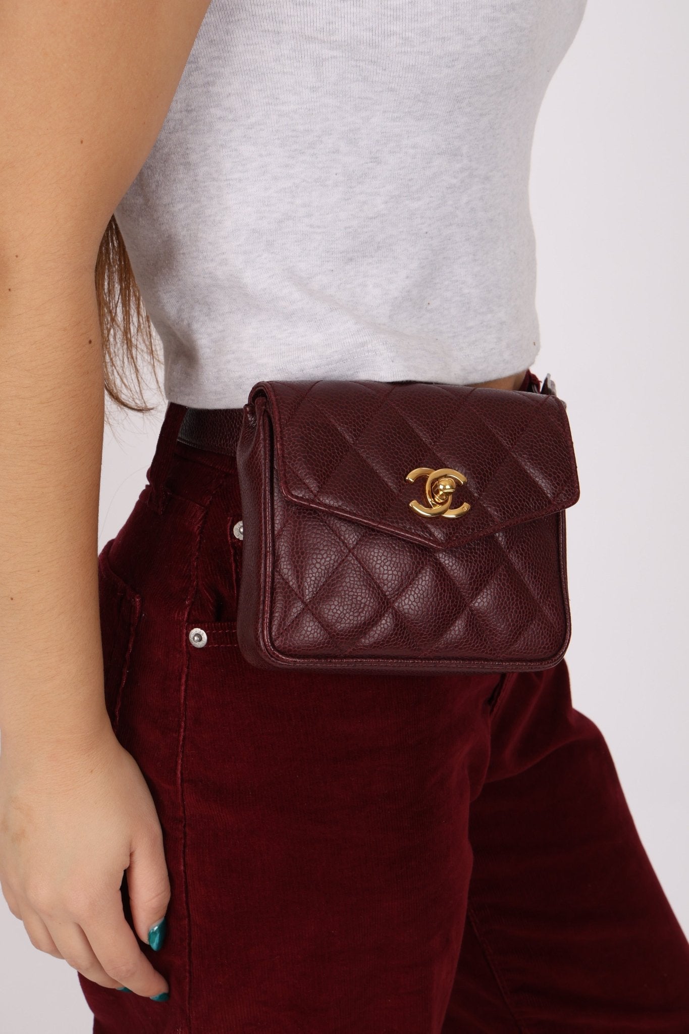Chanel 1993 Bordeaux Caviar Envelope Turnlock Waist Bag 24K GP - FashioNica