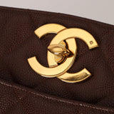 Chanel 1993 Caviar Chocolate Brown XL Turnlock Logo Tote Bag 24K GP - FashioNica