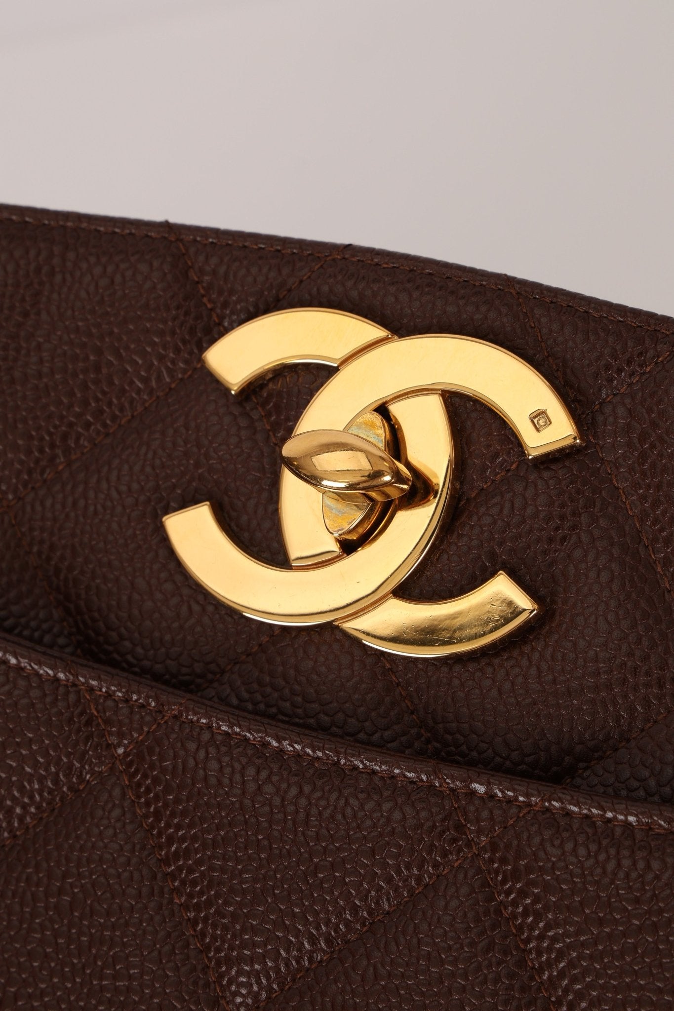 Chanel 1993 Caviar Chocolate Brown XL Turnlock Logo Tote Bag 24K GP - FashioNica