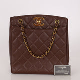 Chanel 1993 Caviar Chocolate Brown XL Turnlock Logo Tote Bag 24K GP - FashioNica