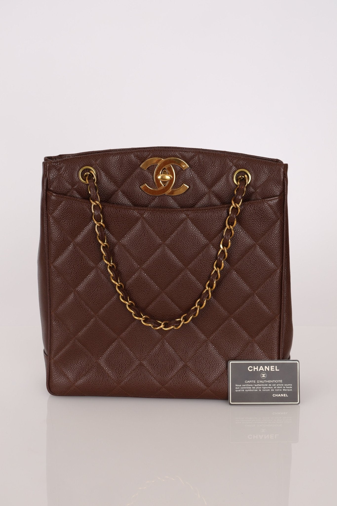Chanel 1993 Caviar Chocolate Brown XL Turnlock Logo Tote Bag 24K GP - FashioNica