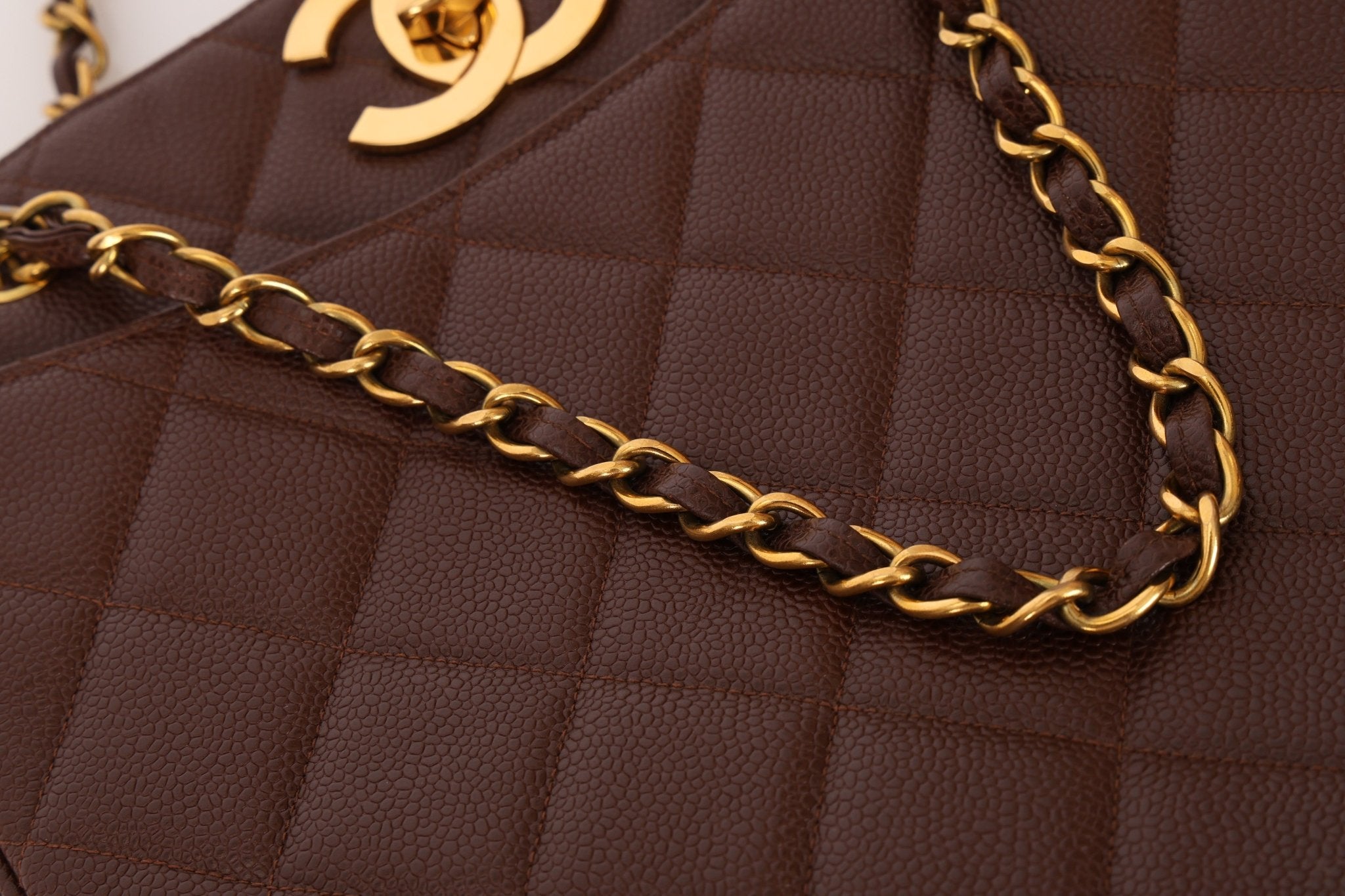 Chanel 1993 Caviar Chocolate Brown XL Turnlock Logo Tote Bag 24K GP - FashioNica