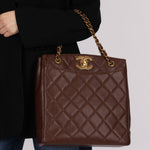 Chanel 1993 Caviar Chocolate Brown XL Turnlock Logo Tote Bag 24K GP - FashioNica