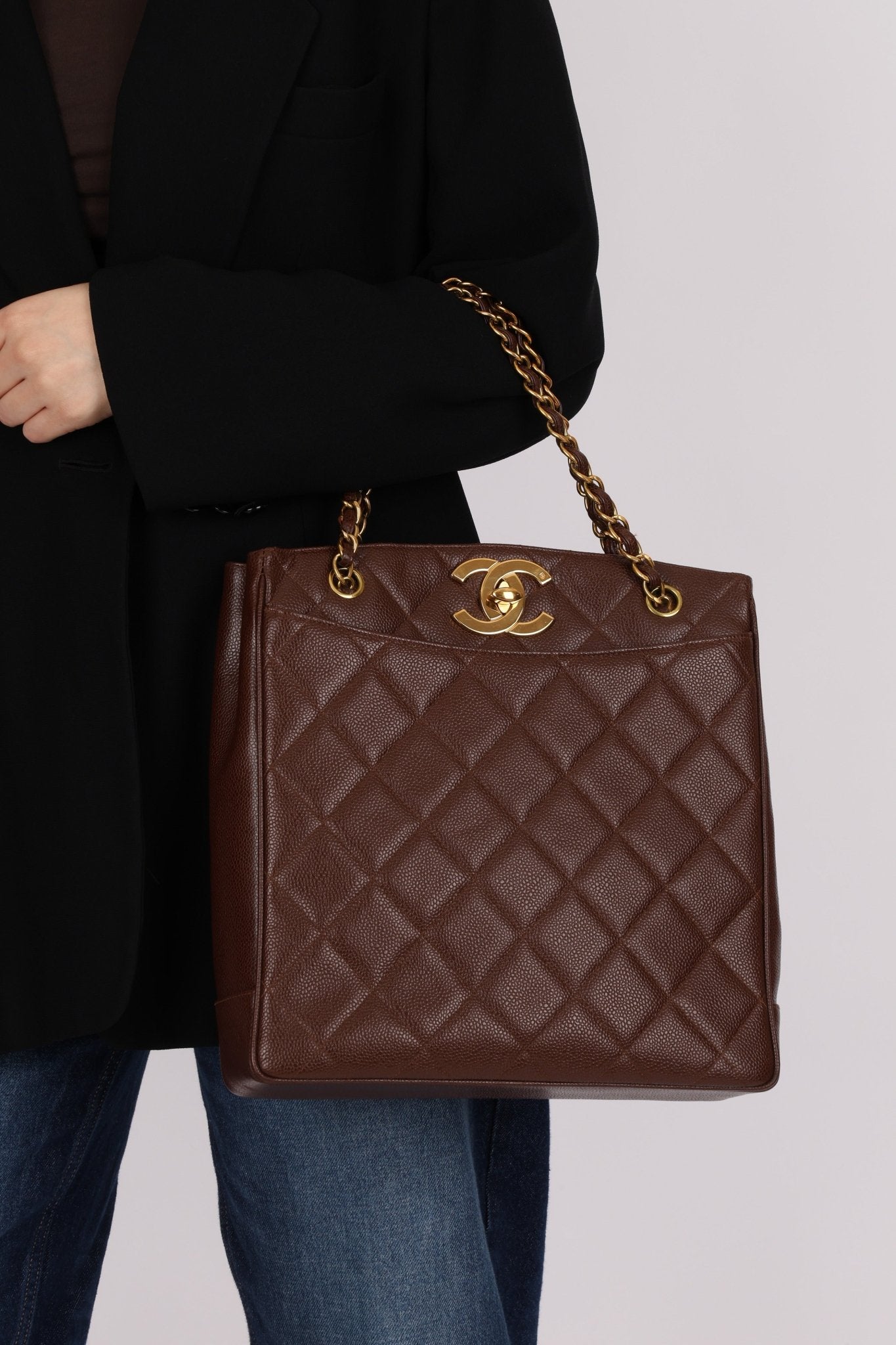 Chanel 1993 Caviar Chocolate Brown XL Turnlock Logo Tote Bag 24K GP - FashioNica