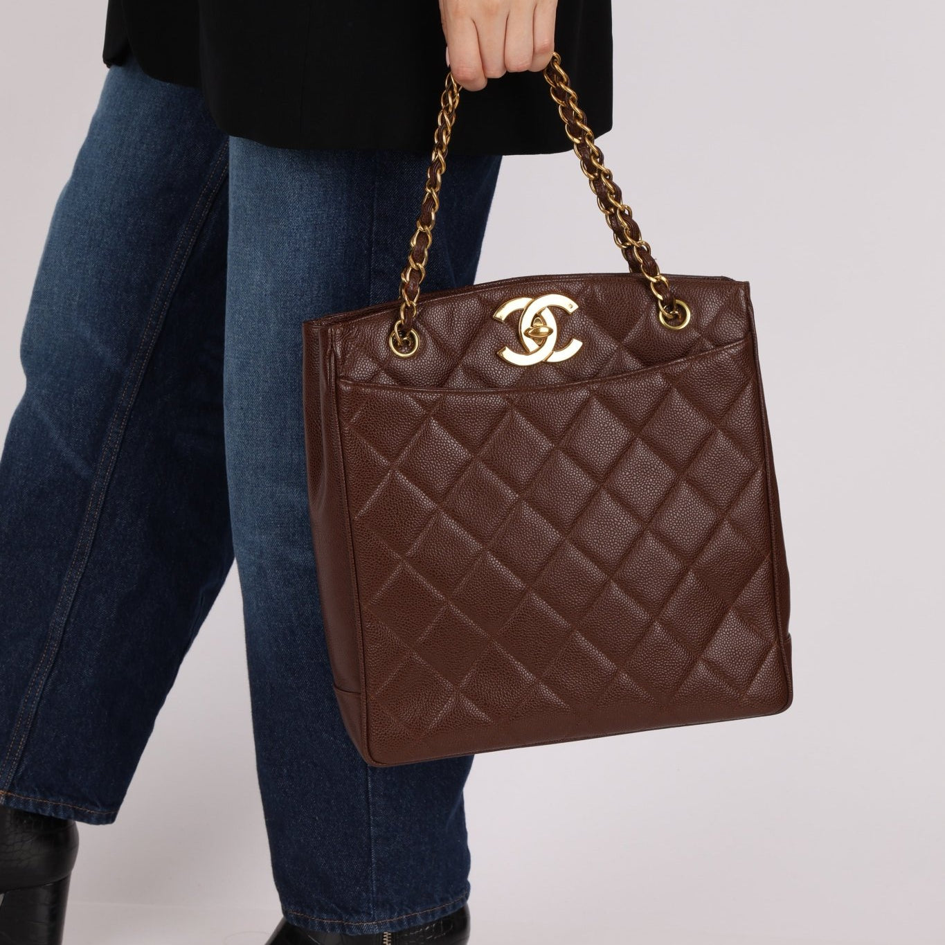 Chanel 1993 Caviar Chocolate Brown XL Turnlock Logo Tote Bag 24K GP - FashioNica