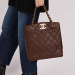 Chanel 1993 Caviar Chocolate Brown XL Turnlock Logo Tote Bag 24K GP - FashioNica