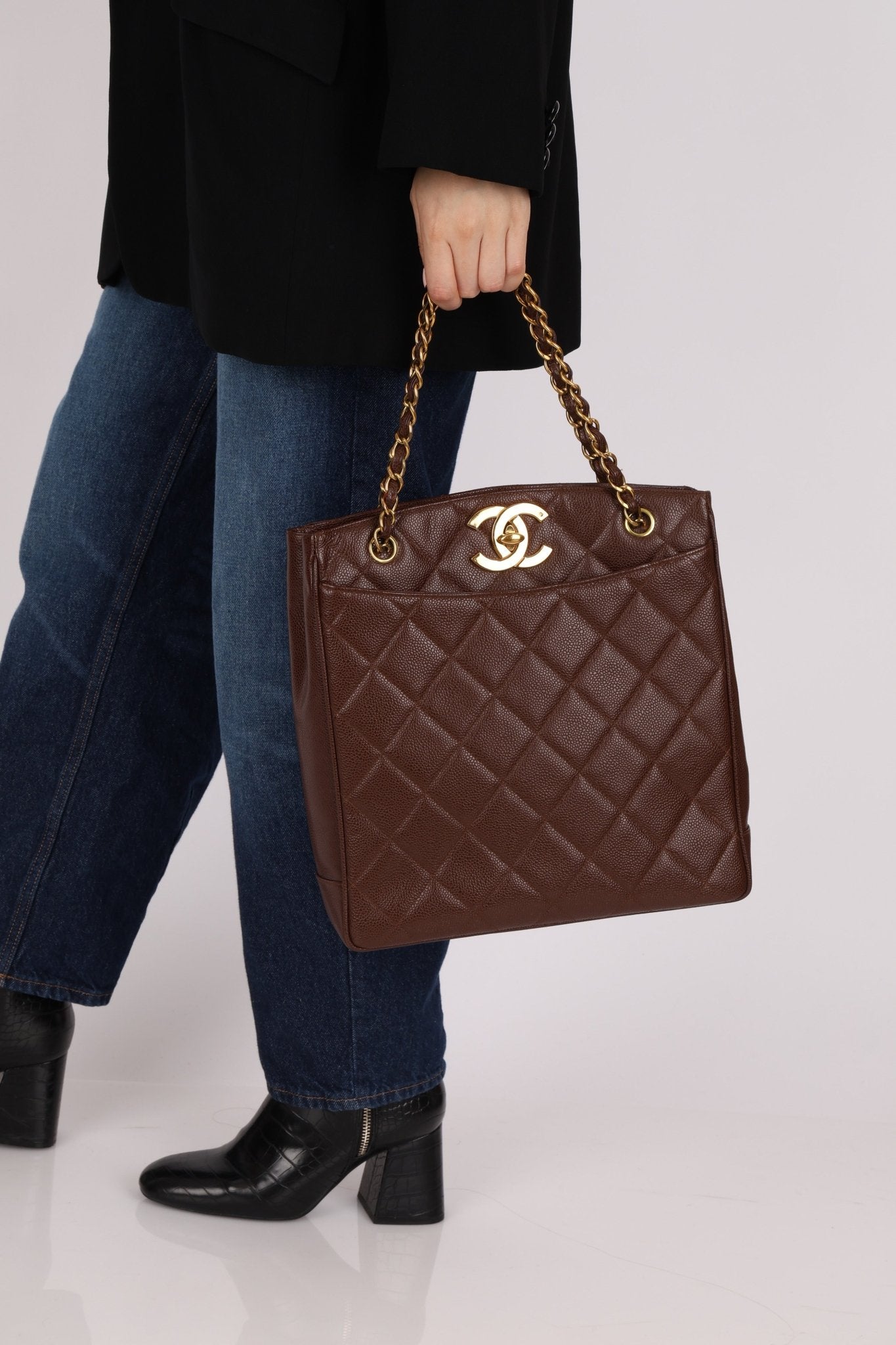 Chanel 1993 Caviar Chocolate Brown XL Turnlock Logo Tote Bag 24K GP - FashioNica