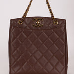 Chanel 1993 Caviar Chocolate Brown XL Turnlock Logo Tote Bag 24K GP - FashioNica